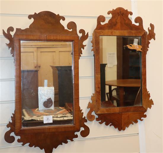 A near pair of Georgian style walnut fret cut wall mirrors Larger H.56cm